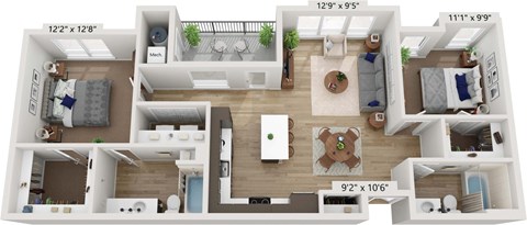 Floor plan for 2 beds, 2 baths, 1135 sqft
